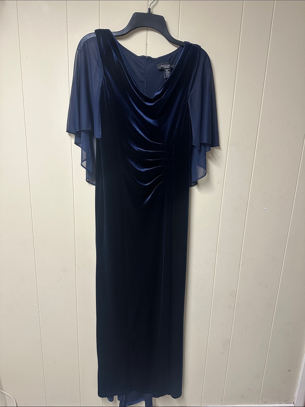 R&M Richards Navy Velvet Maxi Dress with Chiffon Cape Sleeves